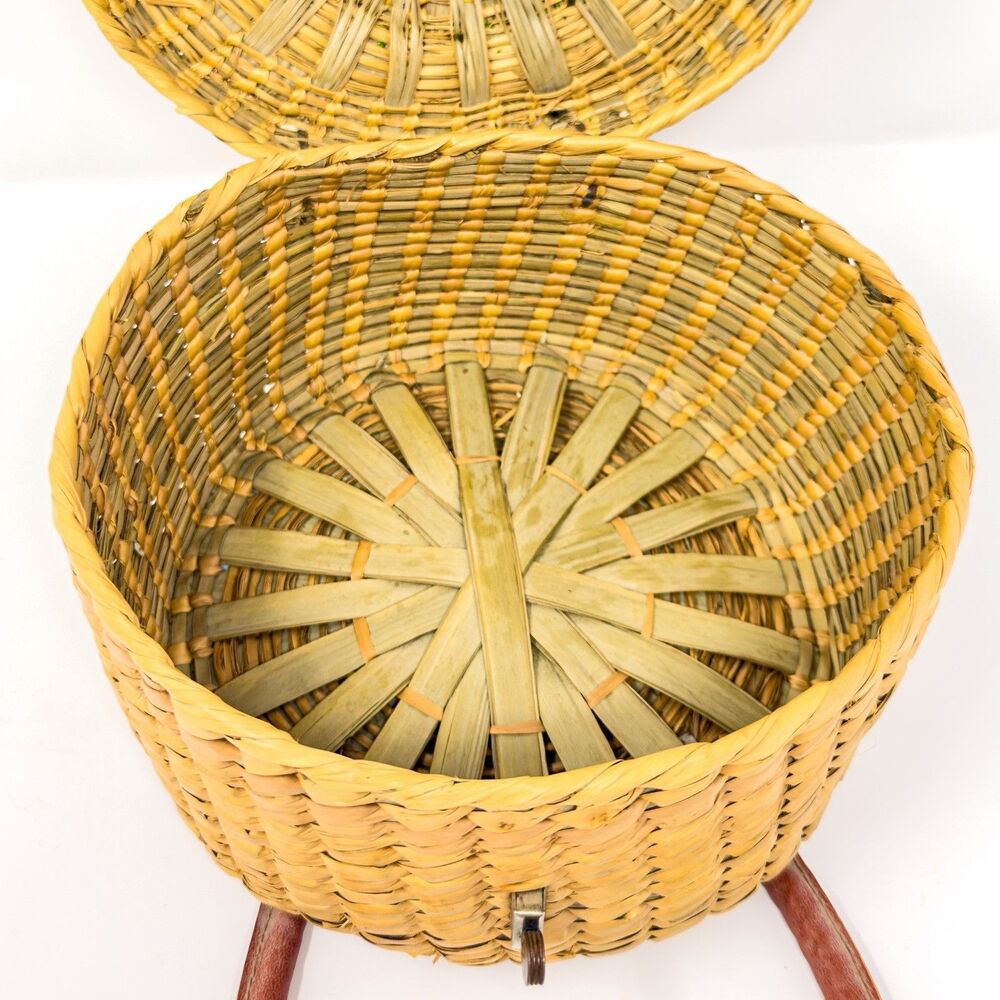 Vintage Woven Straw Sewing Basket Floral Lid Leather Handle Round Boho Bag - Picture 10 of 11